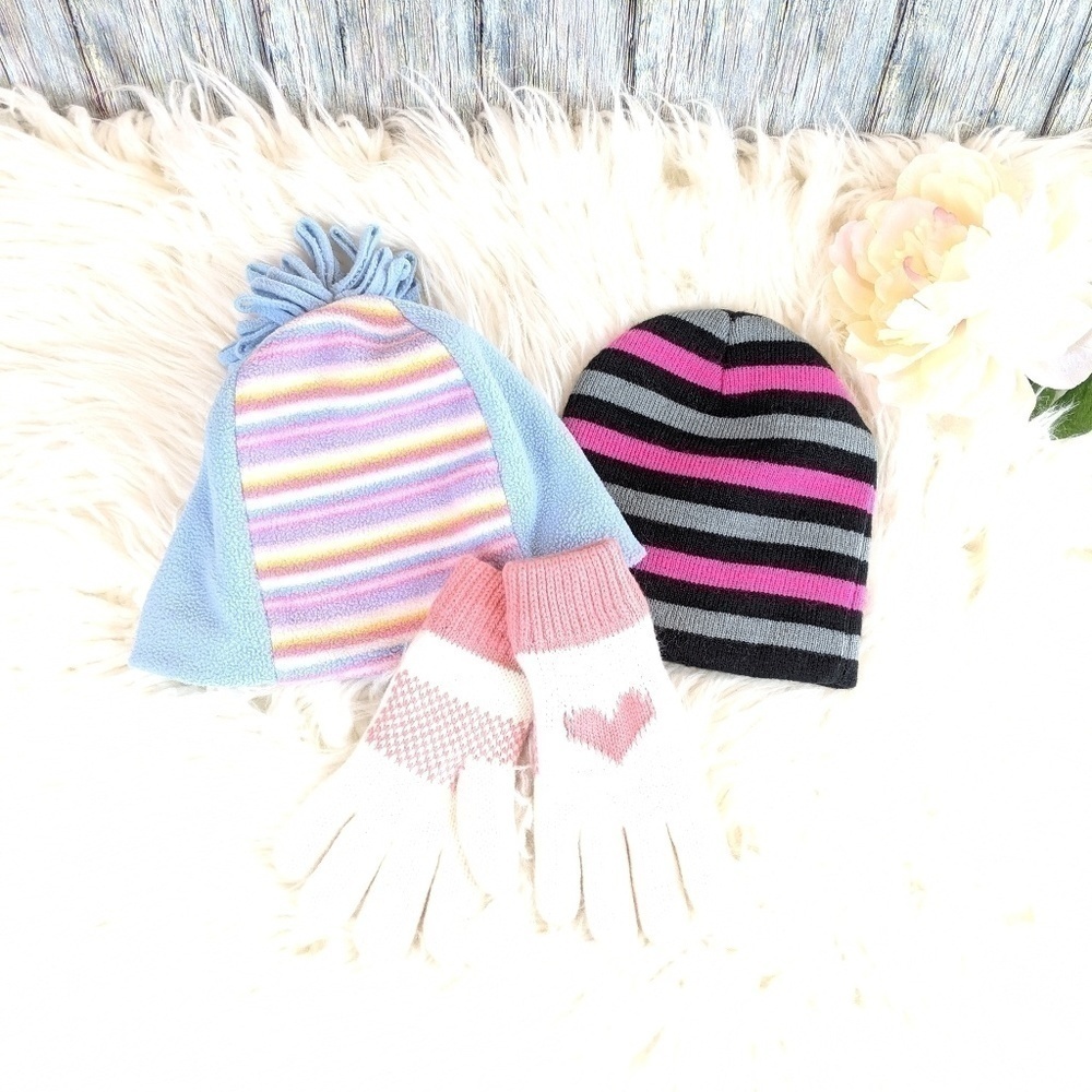 Beanie Hats and Heart Fleece Gloves Pink‎ Blue Black Bundle Ages 4-10